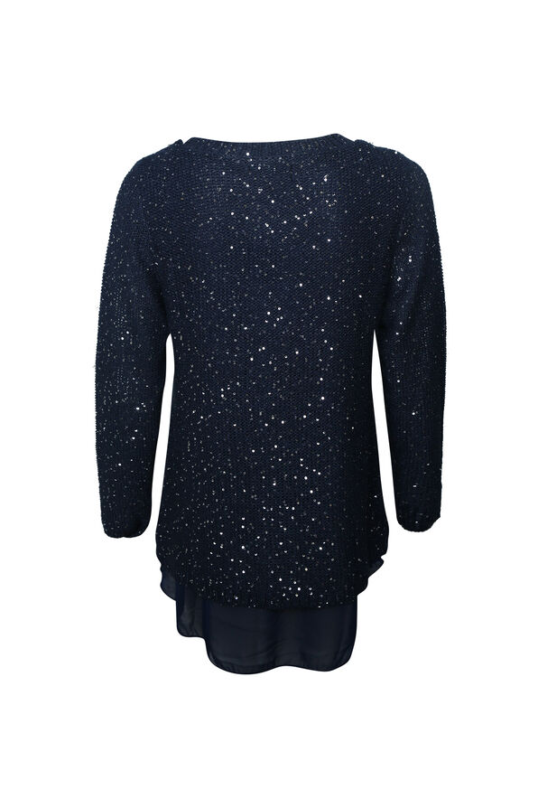 Sequins Dusted Sweater with Chiffon Underlay, Navy, original image number 1