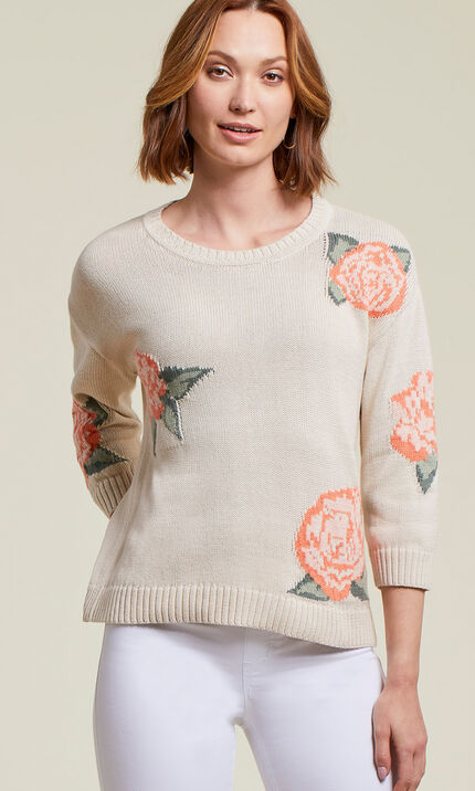 Floral 3/4 Sleeve Crewneck Sweater, Beige, original