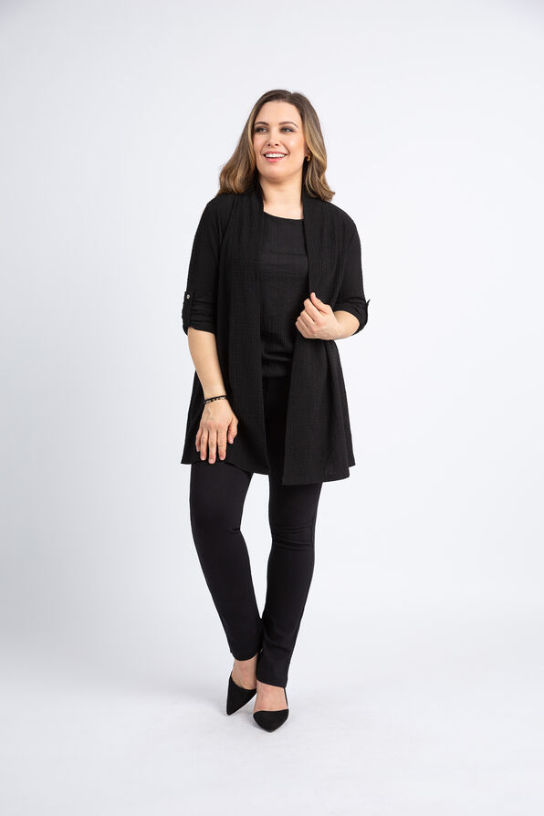 Open Front Cardigan w/ Roll Tab Sleeves, Black, original image number 0