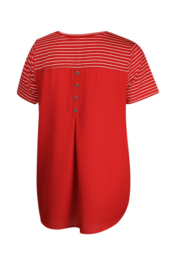 Striped T-Shirt with Chiffon Back and Button Detail , Red, original image number 1