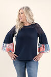 3/4 sleeve Solid and Print Top, Blue, original image number 0