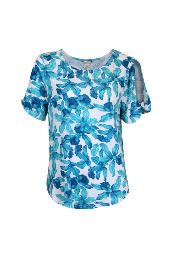 Printed Short Sleeve Top with Slit and Twist, , original image number 3