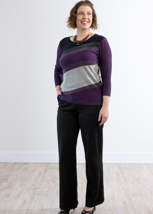 Silver Slanted Rhinestones Purple Colorblock Sweater Shirt , Black, original