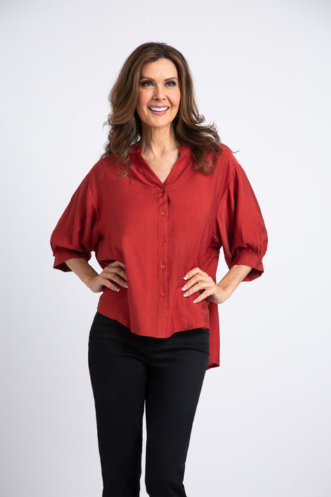 Elbow Sleeve Button-Up High-Low Blouse , Rust, original