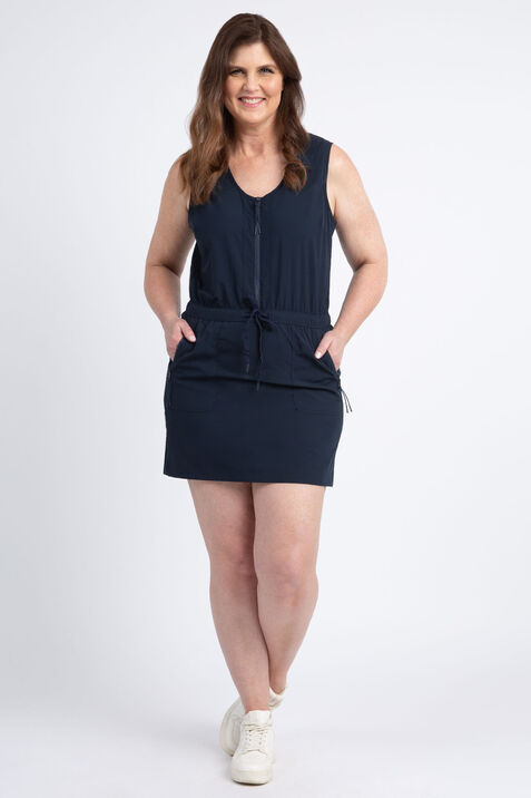 Zip Front Sleeveless Dress w/ Built-In Shorts, Navy, original