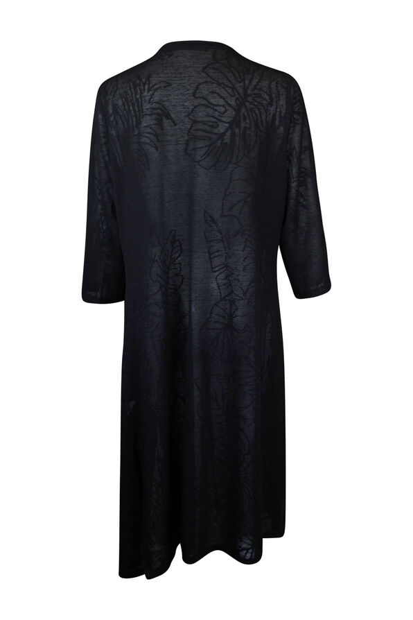 Sheer Long Cardigan with 3/4 Sleeve and  Leaf Embroidery, Black, original image number 1