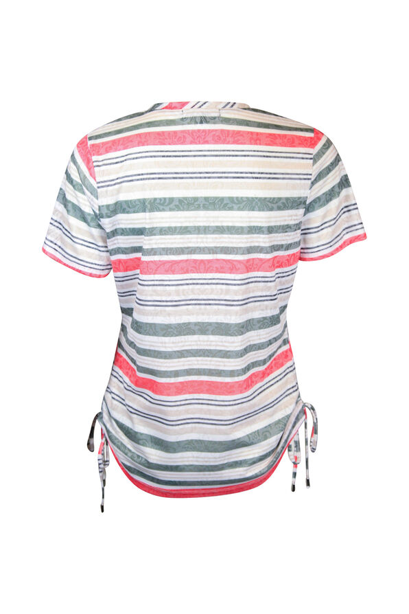 Striped Burnout T-shirt with Side Ruche Drawstrings, White, original image number 1