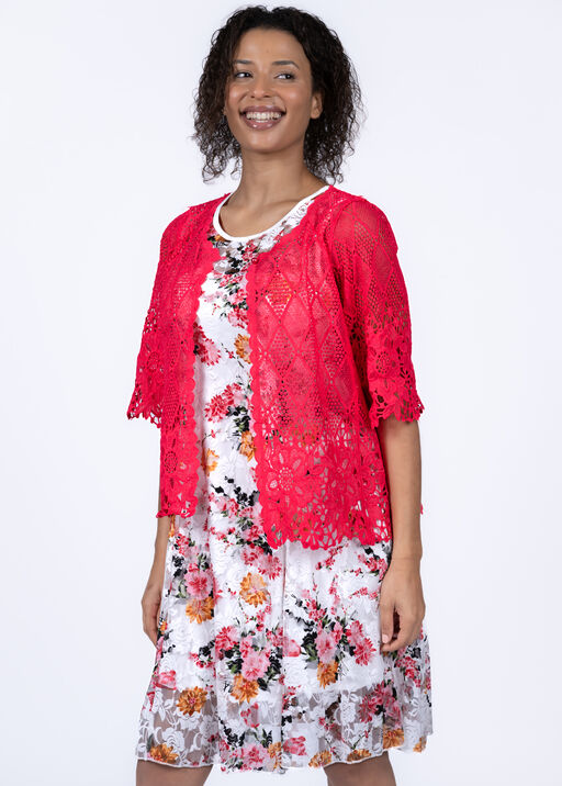 ¾ Sleeve Crochet Lace Short Cardigan, Coral, original