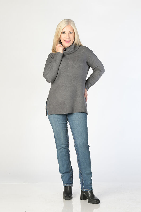 Side-Slit Turtleneck Sweater, Charcoal, original image number 0