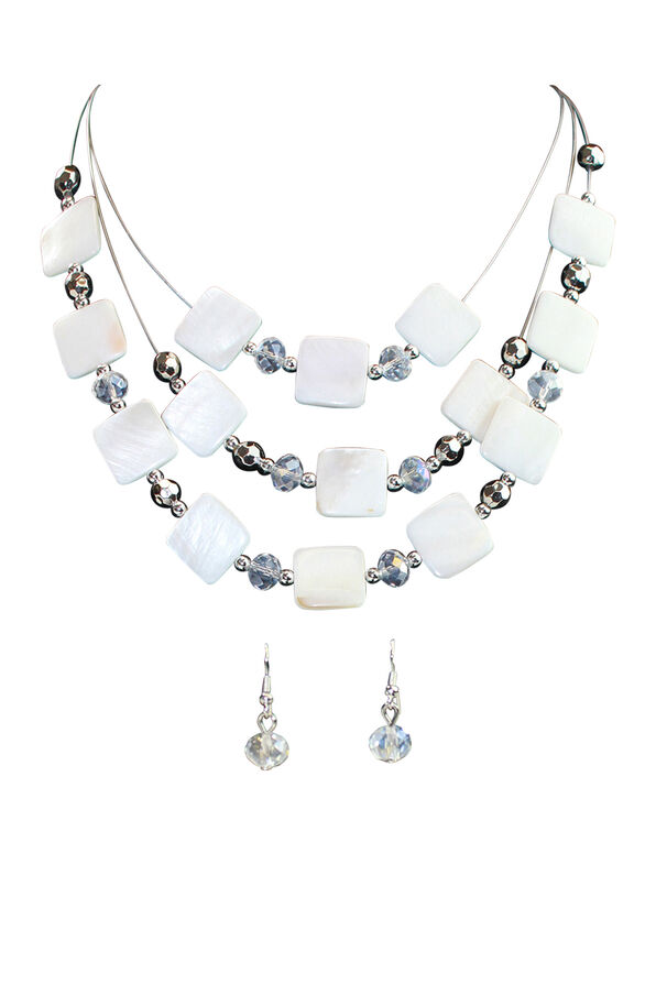 Square Shell Multi-Strand Necklace Earring Set, White, original image number 0
