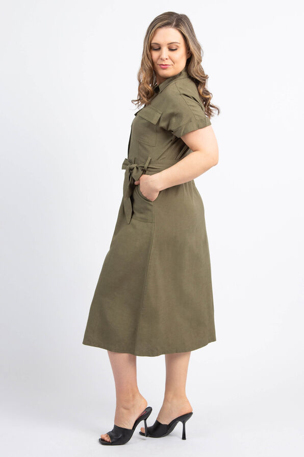 Cap Sleeve Midi Shirt Dress, Olive, original image number 1