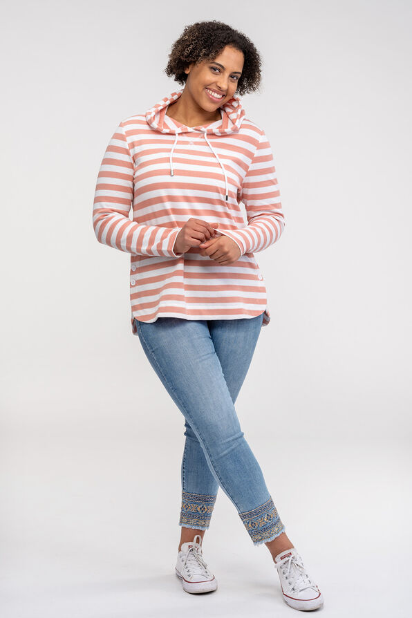 Striped Hooded Waffle Long Sleeve Top, Coral, original image number 1