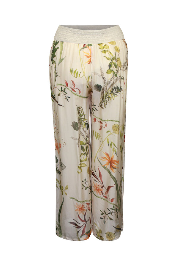 Floral Print Silk Wide Leg Pant , Beige, original image number 1