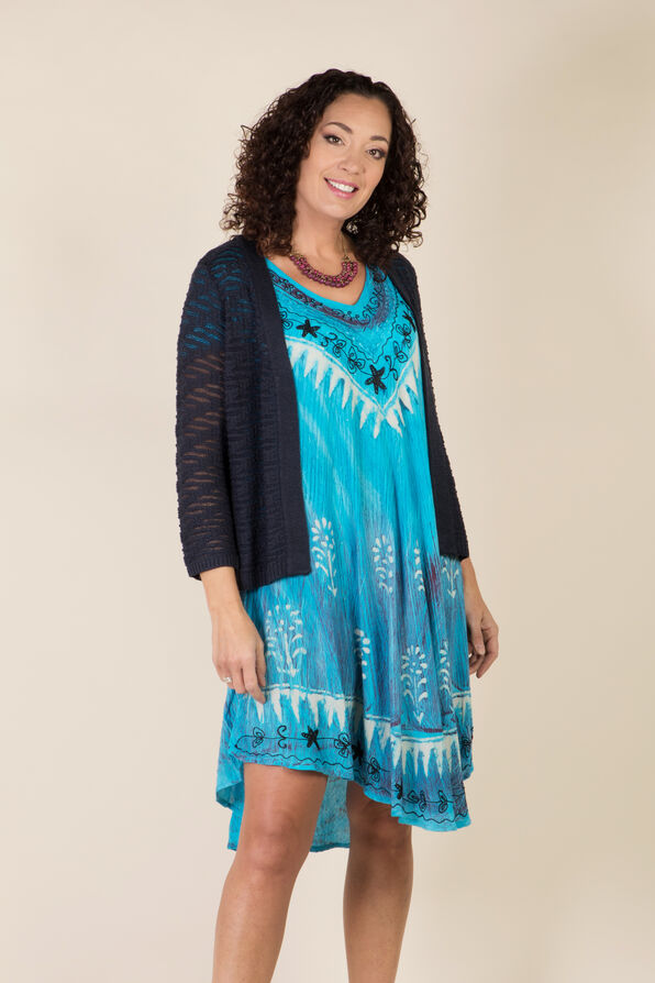 Short Sleeve Embroidered Trim Swing Dress, Turquoise, original image number 4