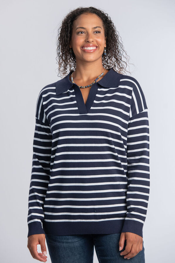 Long Sleeve Collared Striped Sweater , Navy, original image number 1