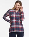Relaxed Brushed Plaid Lightweight Airy Knit Hoodie Shirt, Red, original image number 3