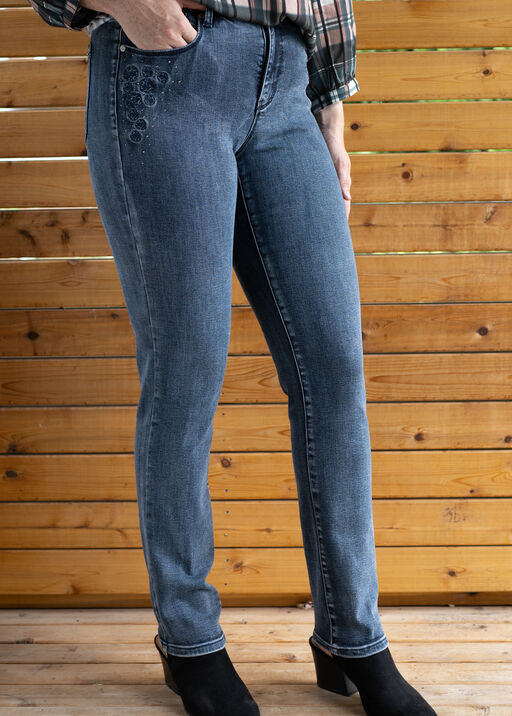 Slim-Leg Mid-High-Waist Elastic Jeans, Denim, original