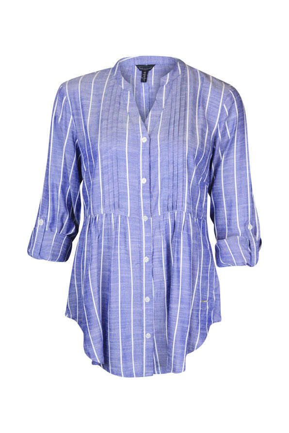 Striped Chambray Long Sleeve Top Shirttail Hem, Blue, original image number 0