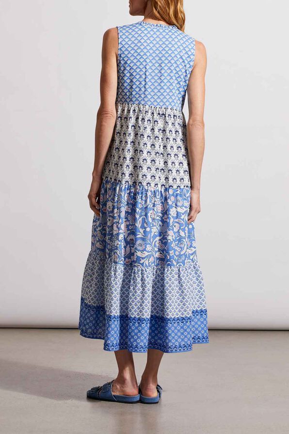 Printed V-Neck Maxi Dress w/ Drawcord Waist, Blue, original image number 1