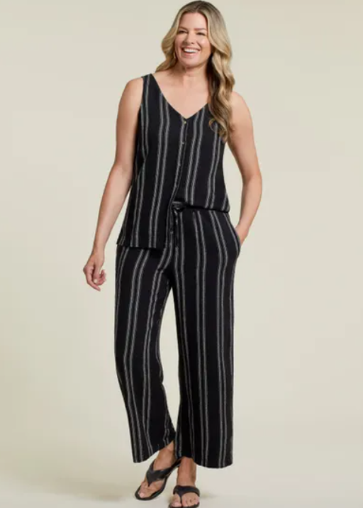 Linen Blend Striped Flow Pants, Black, original