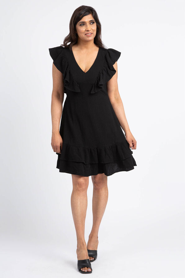 Double Cotton Gauze Flutter Dress, Black, original image number 0
