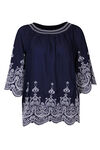 Embroidered Peasant Blouse 3/4 Sleeves, Navy, original image number 0