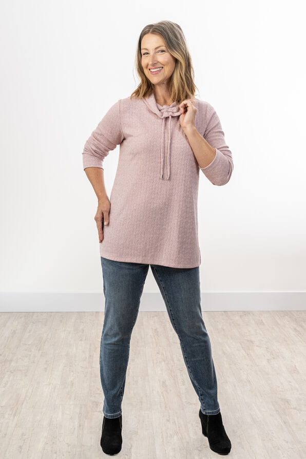 Pink Drawstring Lightweight Stretchy Side-Slit Cowl Sweatshirt Sweater  , Pink, original image number 2