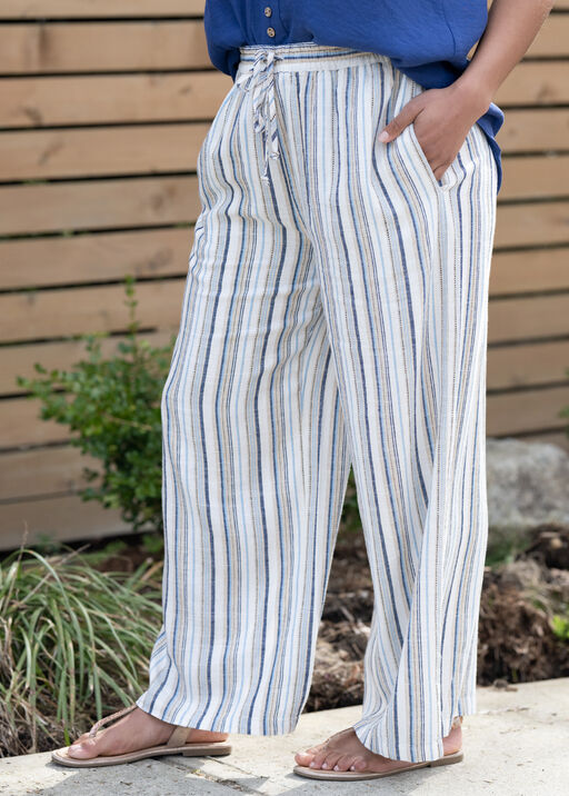 Linen Blend Striped Flow Pants, Blue, original