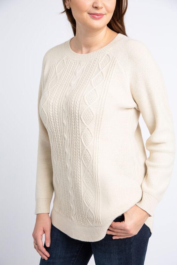 Long Sleeve Cable Knit Sweater, Ivory, original image number 4