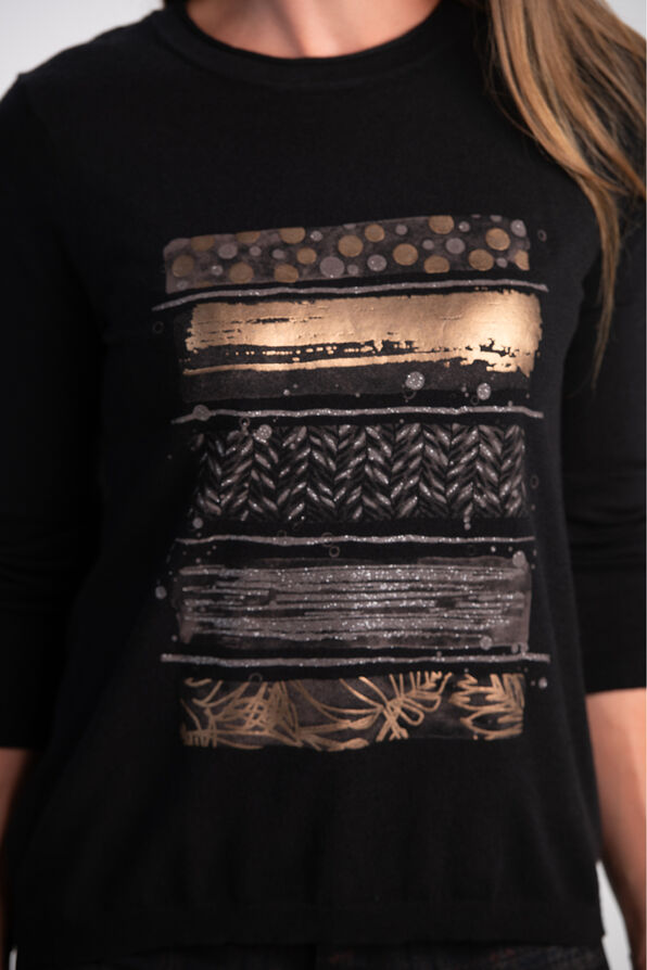 Long Sleeve Foil Print Knit Sweater , Black, original image number 2