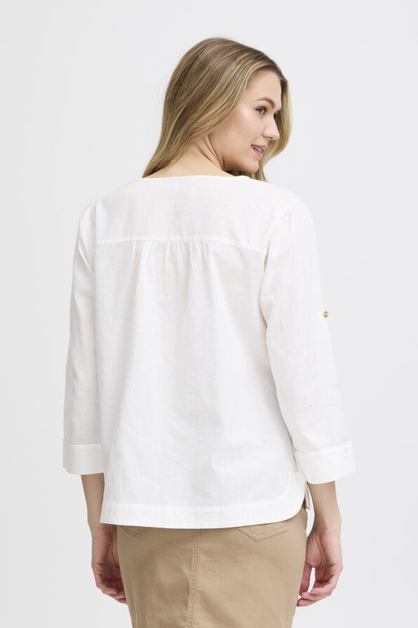 Notched Neck Roll Tab Sleeve Top, White, original image number 1