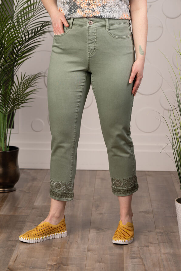 Audrey Embroidered Coloured Denim Pant, Olive, original image number 1