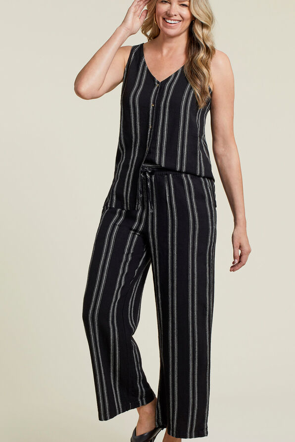 Linen Blend Striped Button-Up Cami, Black, original image number 0
