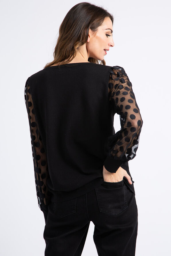 Black V-Neck Sweater w/ Sheer Polka Dot Sleeves, Black, original image number 2