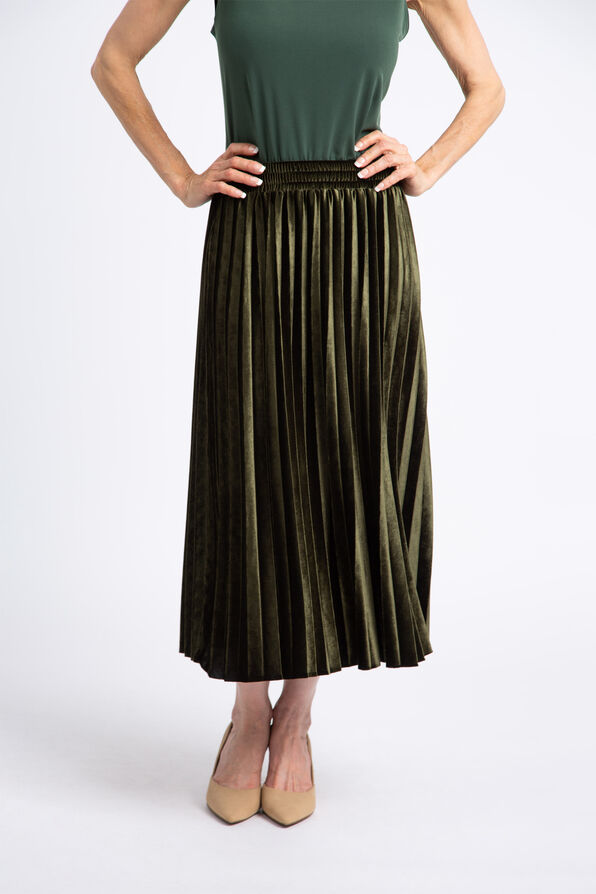 Velvet Pleated Midi Skirt, Olive, original image number 1