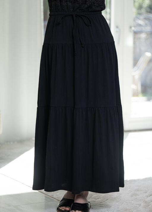 100% Cotton Tiered Maxi Skirt, Black, original
