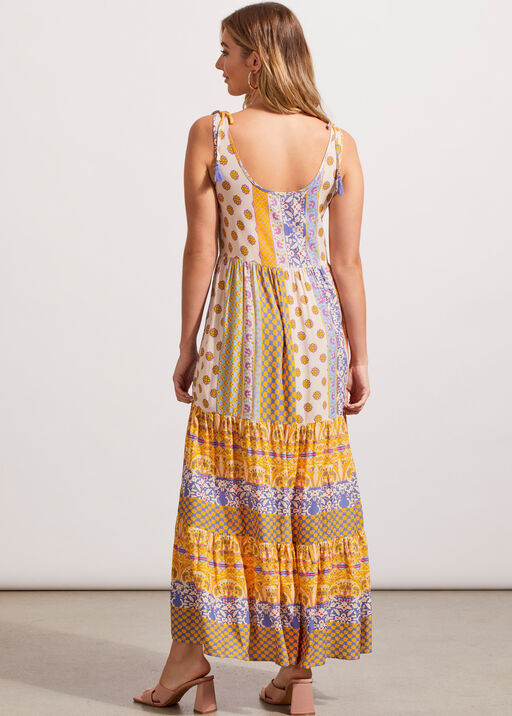 Multi-Print Maxi Dress w/ Shoulder Tassel, Multi, original