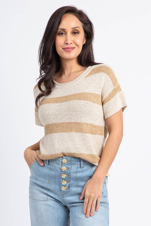 Striped Short Sleeve Knit Sweater, Beige, original image number 0