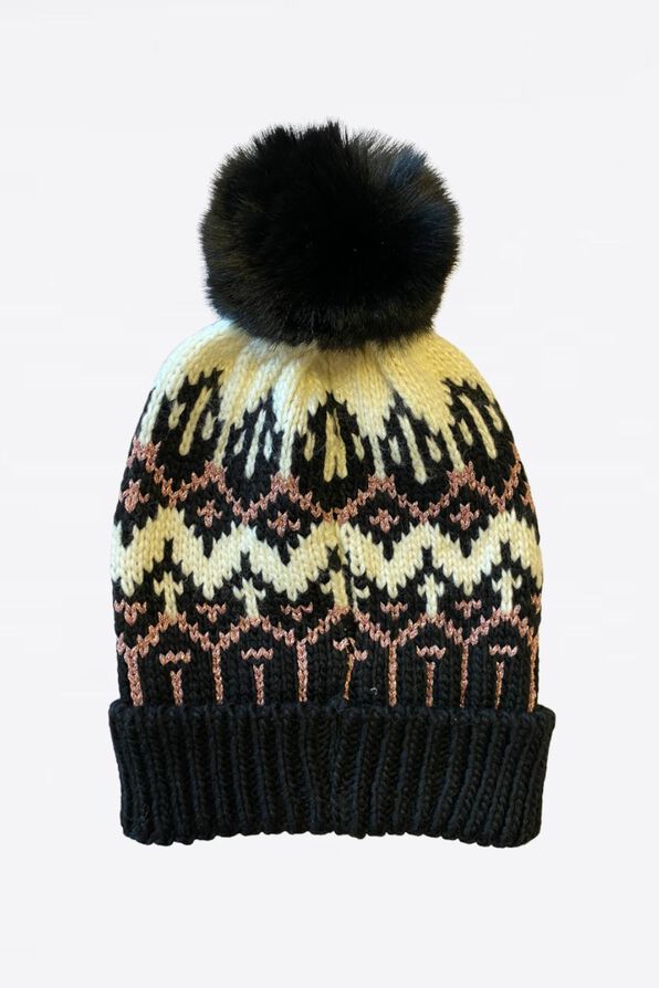 Fur Pompom Chevron Hat , Black, original image number 0