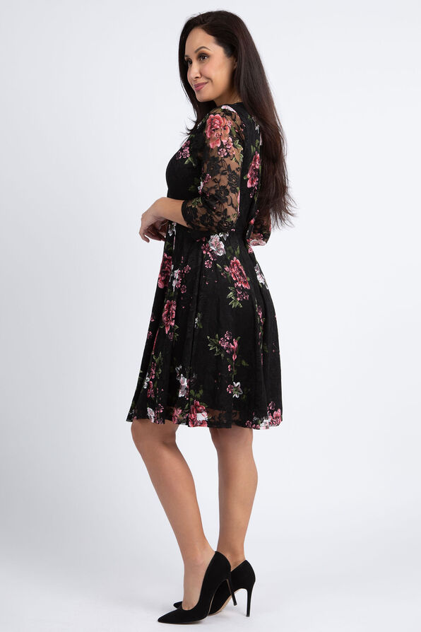 Floral Lace Overlay Dress, Black, original image number 1