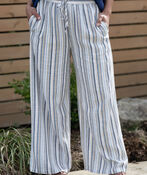 Linen Blend Striped Flow Pants, Blue, original image number 0