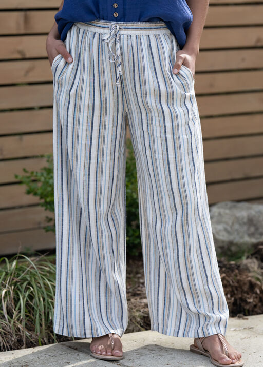 Linen Blend Striped Flow Pants, Blue, original