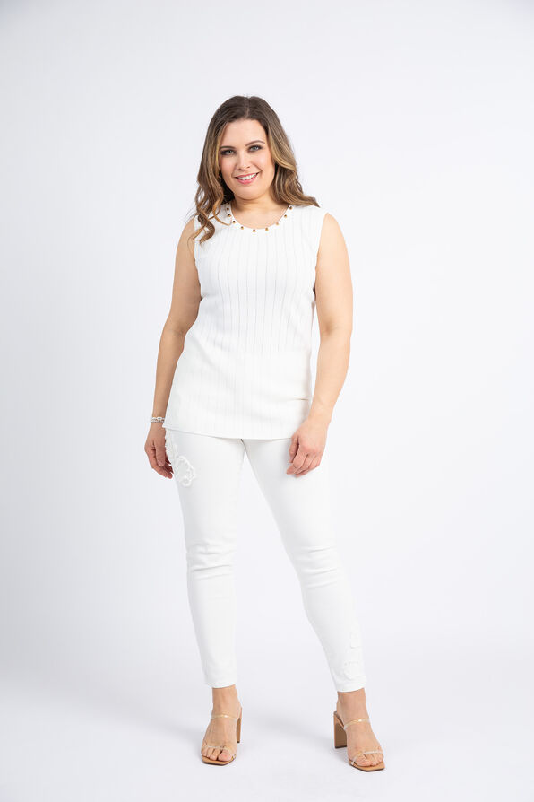 Studded Pointelle Knit Sleeveless Top, White, original image number 0