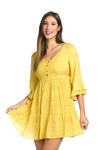 Boho 3/4 Ruffle Sleeve Dress, Yellow, original image number 0