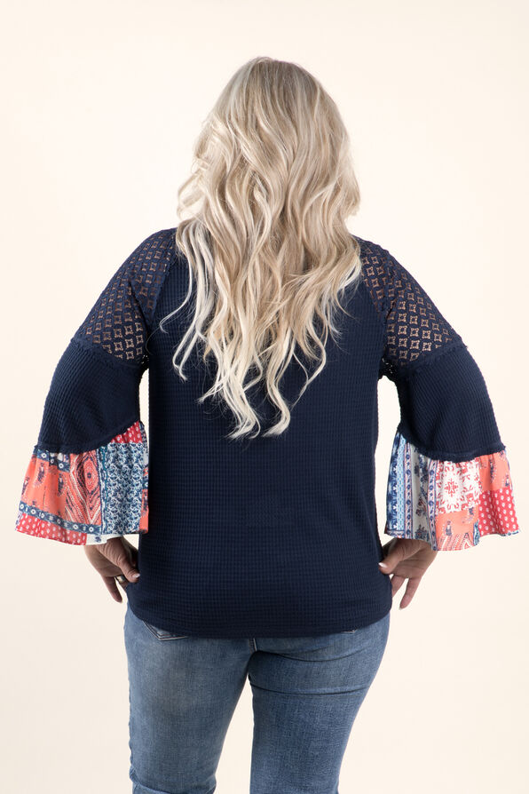 3/4 sleeve Solid and Print Top, Blue, original image number 1