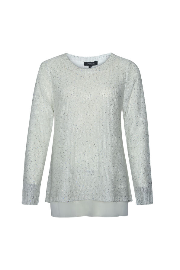 Sequins Dusted Sweater with Chiffon Underlay, Ivory, original image number 0