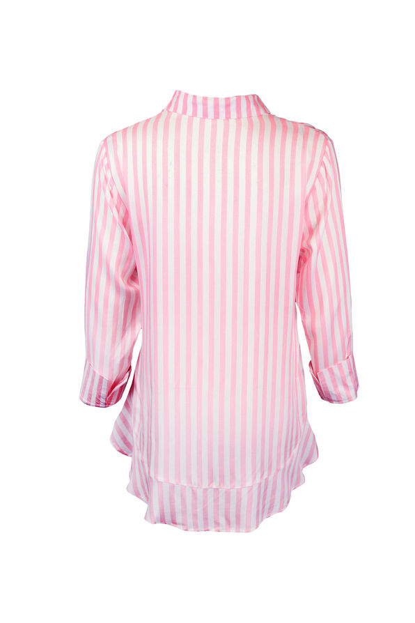 Striped Blouse with Ruffle Hi-Lo Hem, Pink, original image number 1