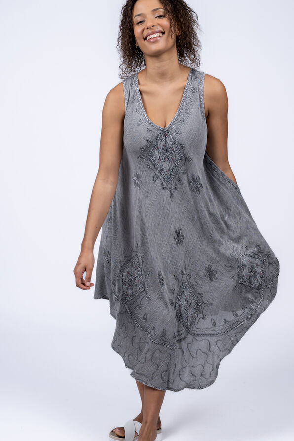 Sleeveless Embroidered Umbrella Dress, Grey, original image number 1