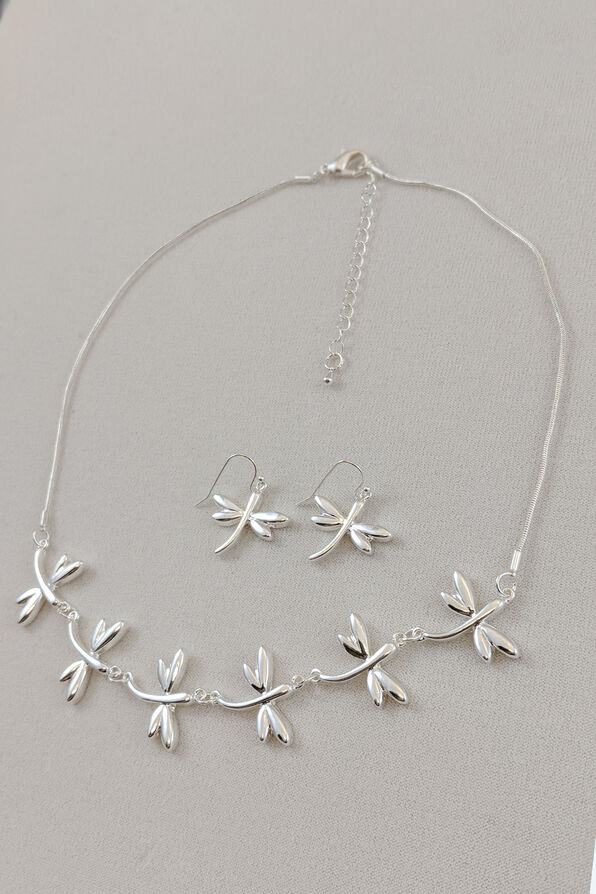 Dainty Dragonfly Necklace and Earring Set, Silver, original image number 0