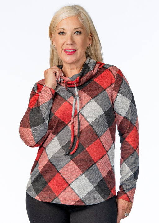 Plaid Cowl Sweater, Red, original